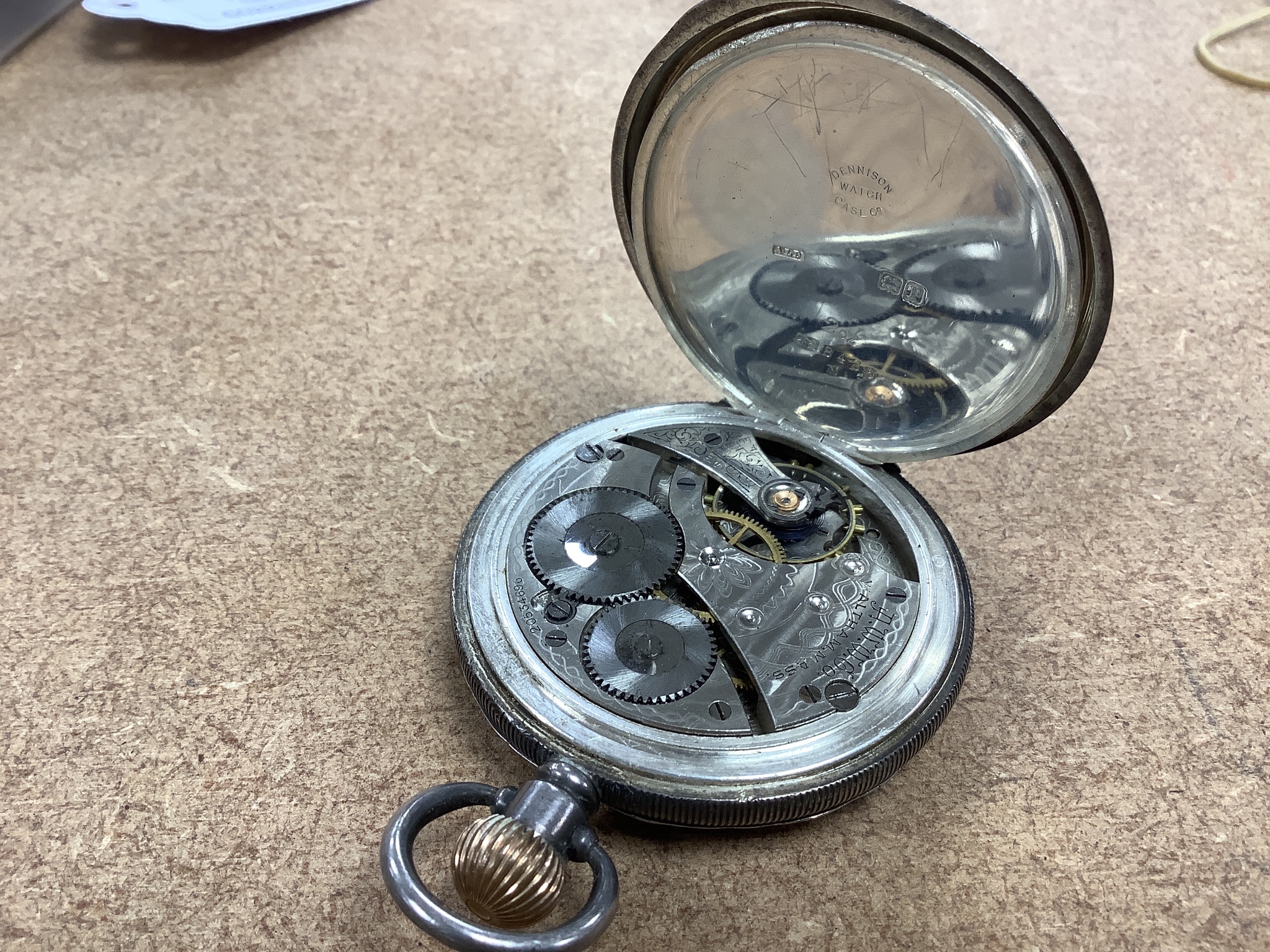 A George III silver hunter pocket watch, by Cameron, Liverpool(a.f.), two other silver pocket watches by Davies & Son & Waltham, a Swiss 935 case fob watch and a silver and enamel Hebdomas pocket watch(a.f.).